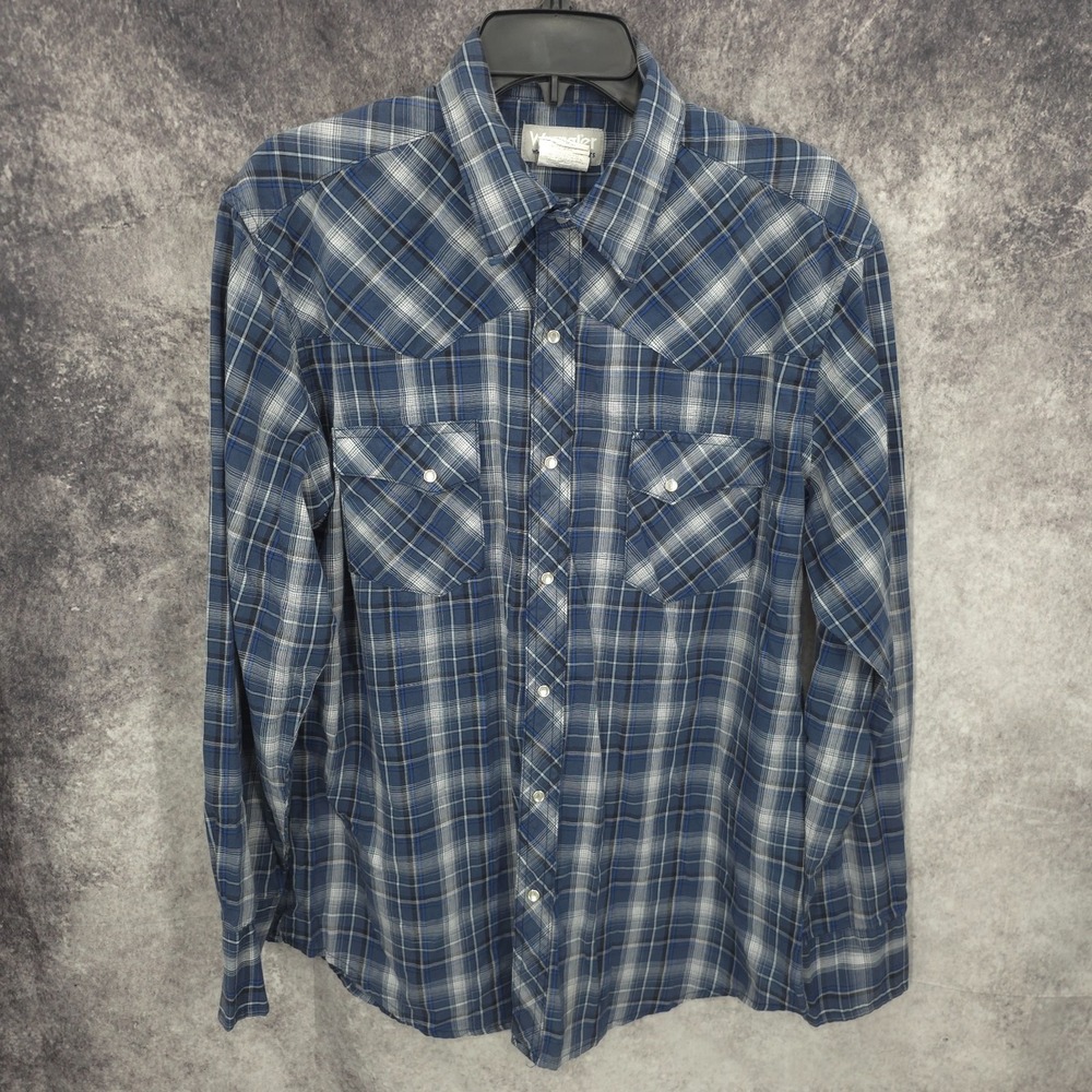 Wrangler Wrancher Western Shirt Mens Large Blue Plaid Pearl Snap Cowboy Rodeo